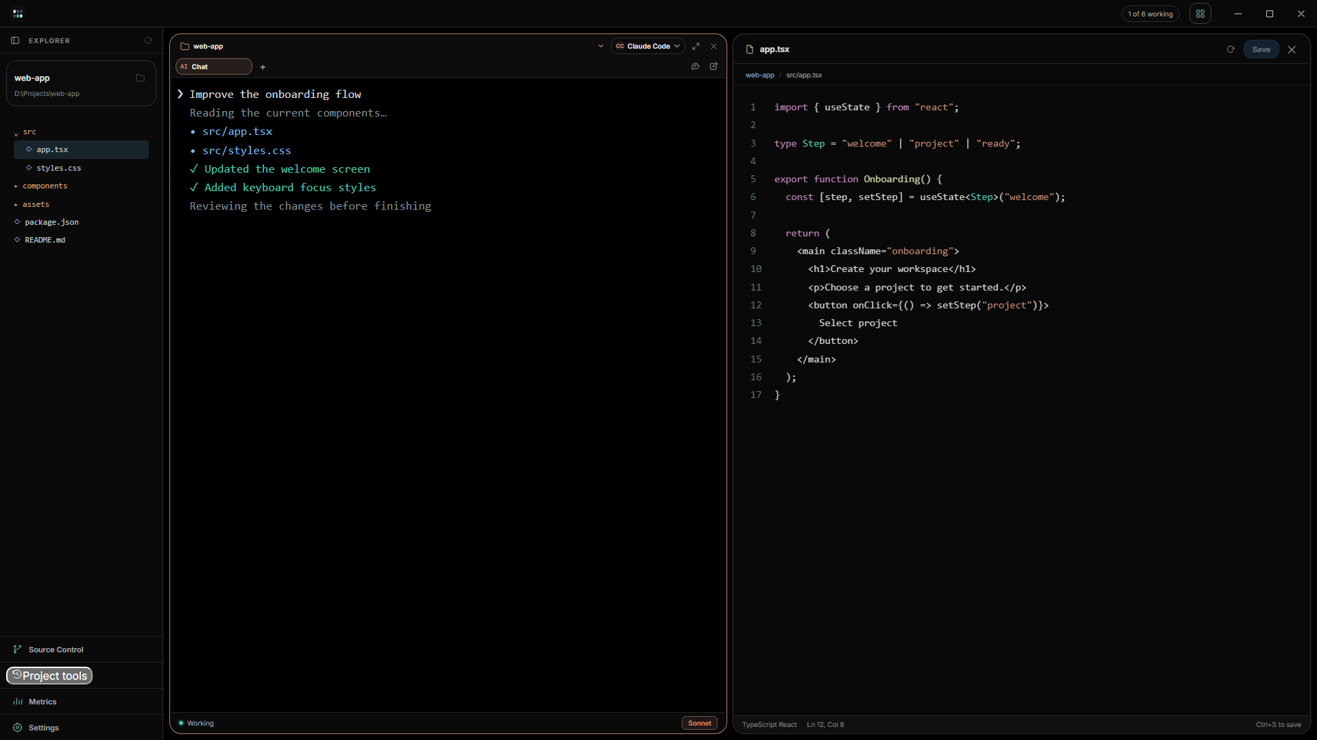 Vibeforge code editor beside an AI coding session