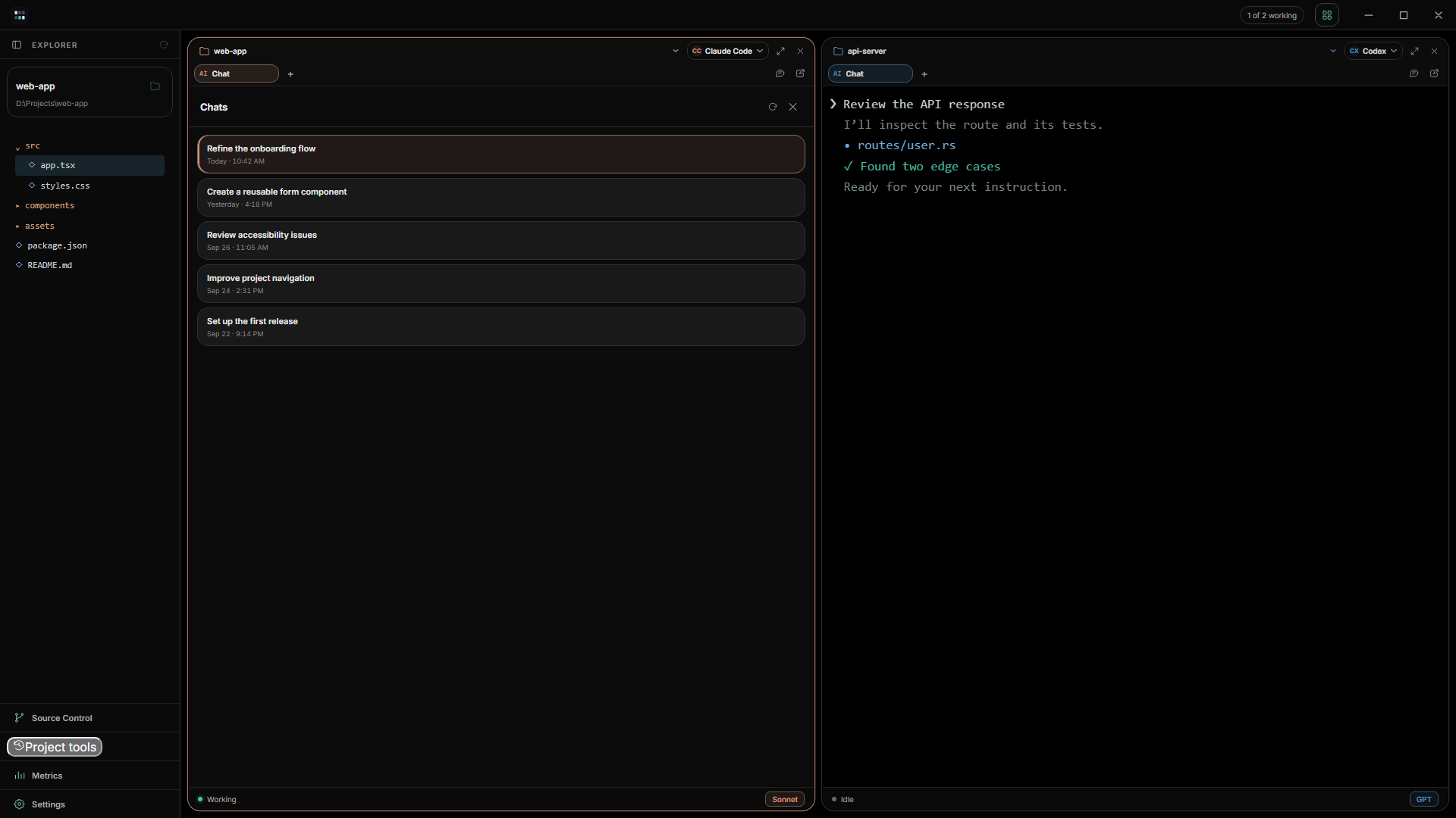 Local project chat history open in Vibeforge