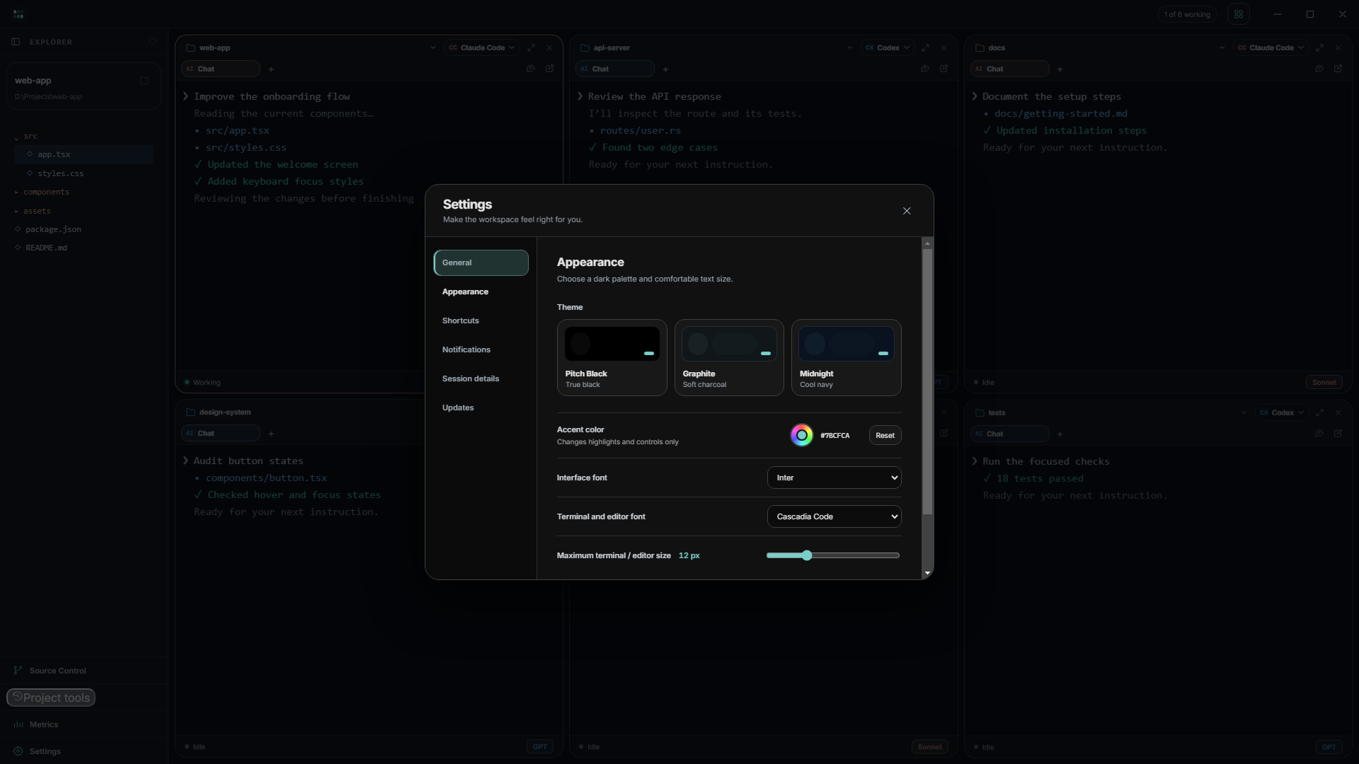 Vibeforge appearance and workspace settings