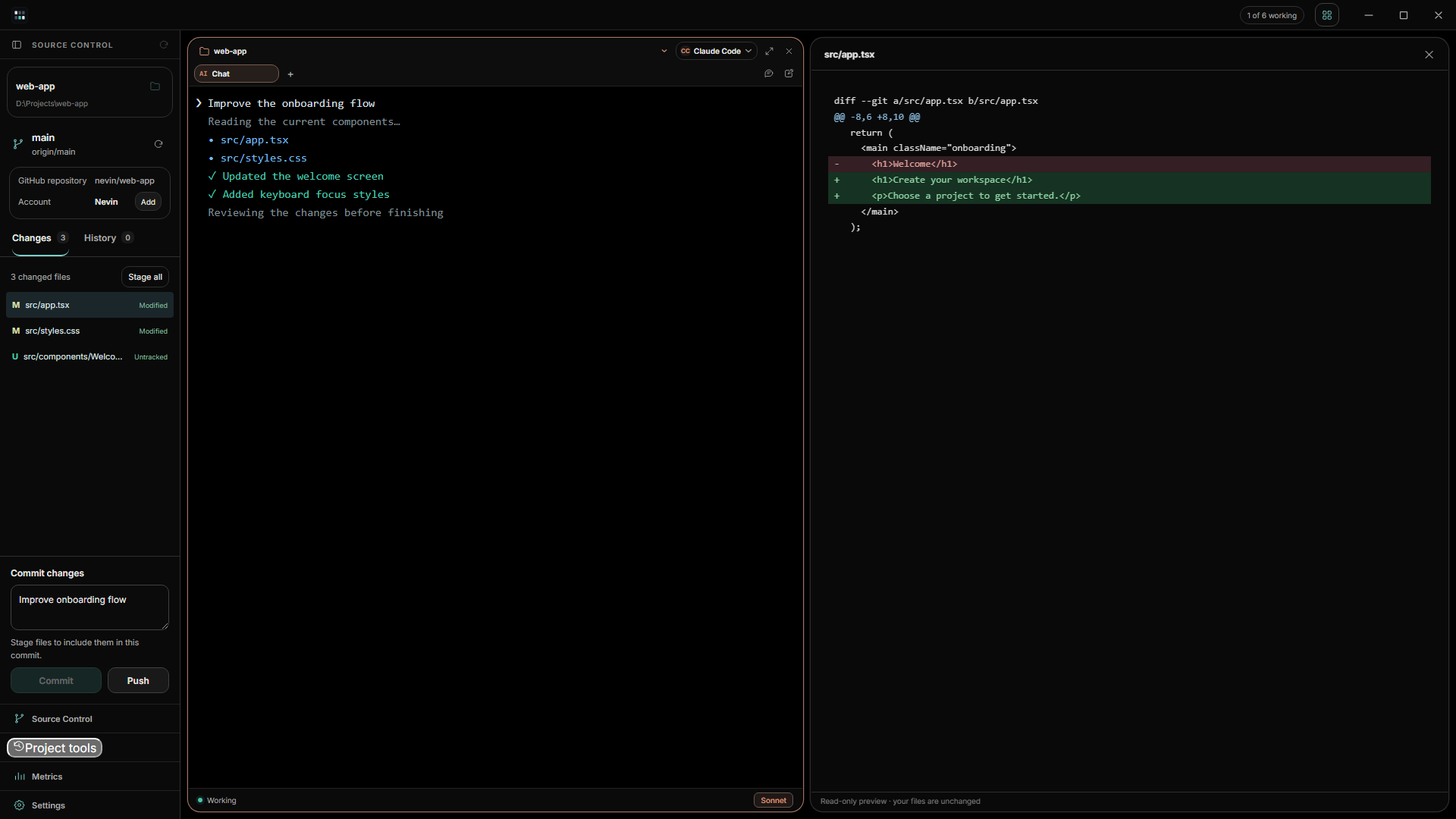 Vibeforge source control with changed files and commit history